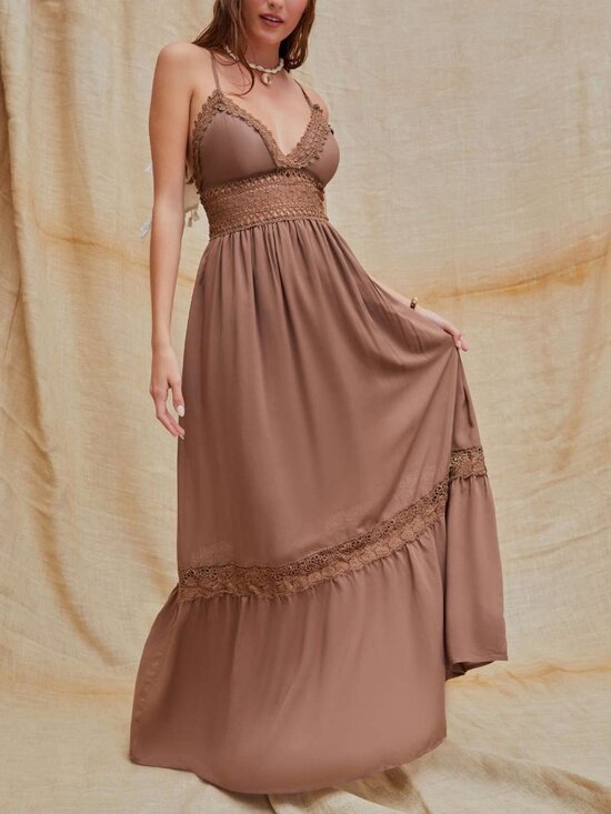 Dresses & Skirts - Brown Lace Crochet Cross Back Maxi Dress Boho Size M NWT